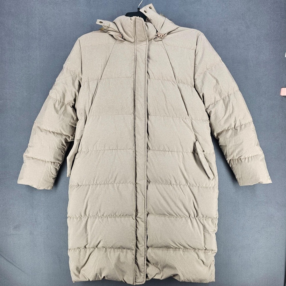 Garnet Hill‎ Coat Womens 10 Beige Long Down Puffer Hooded Faux Fur Parka